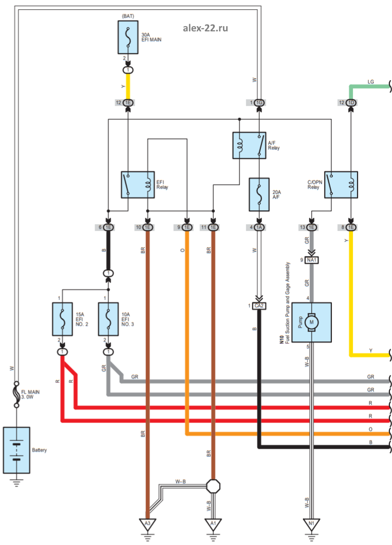 toyota camry acv40 fuse EFI MAIN circuit, wire color, EFI MAIN relay, схема предохранителя  и реле EFI MAIN, схема бензонасоса 