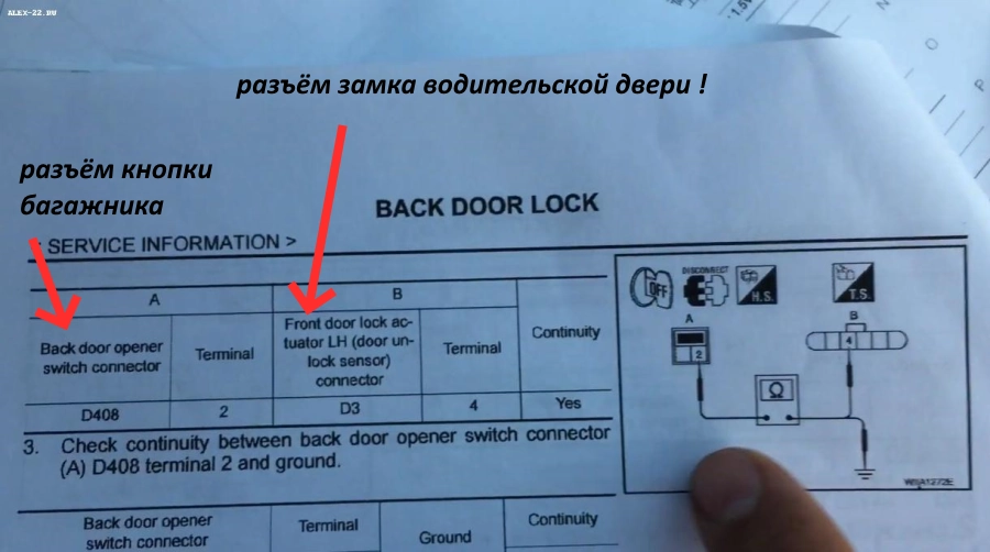 Nissan Tiida trunk opener switch circuit check, цепь кнопки открывания багажника проверка мультиметром прозвонка 